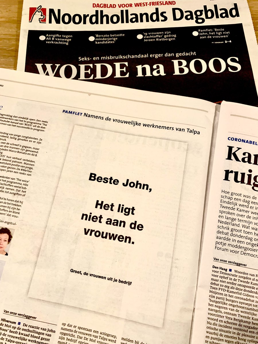 Beste John, Het ligt niet aan de vrouwen. 
…
Wat een sterk statement van vrouwen binnen de Talpa-organisatie in onze kranten vanmorgen. 
#BOOS #JohndeMol #Talpa