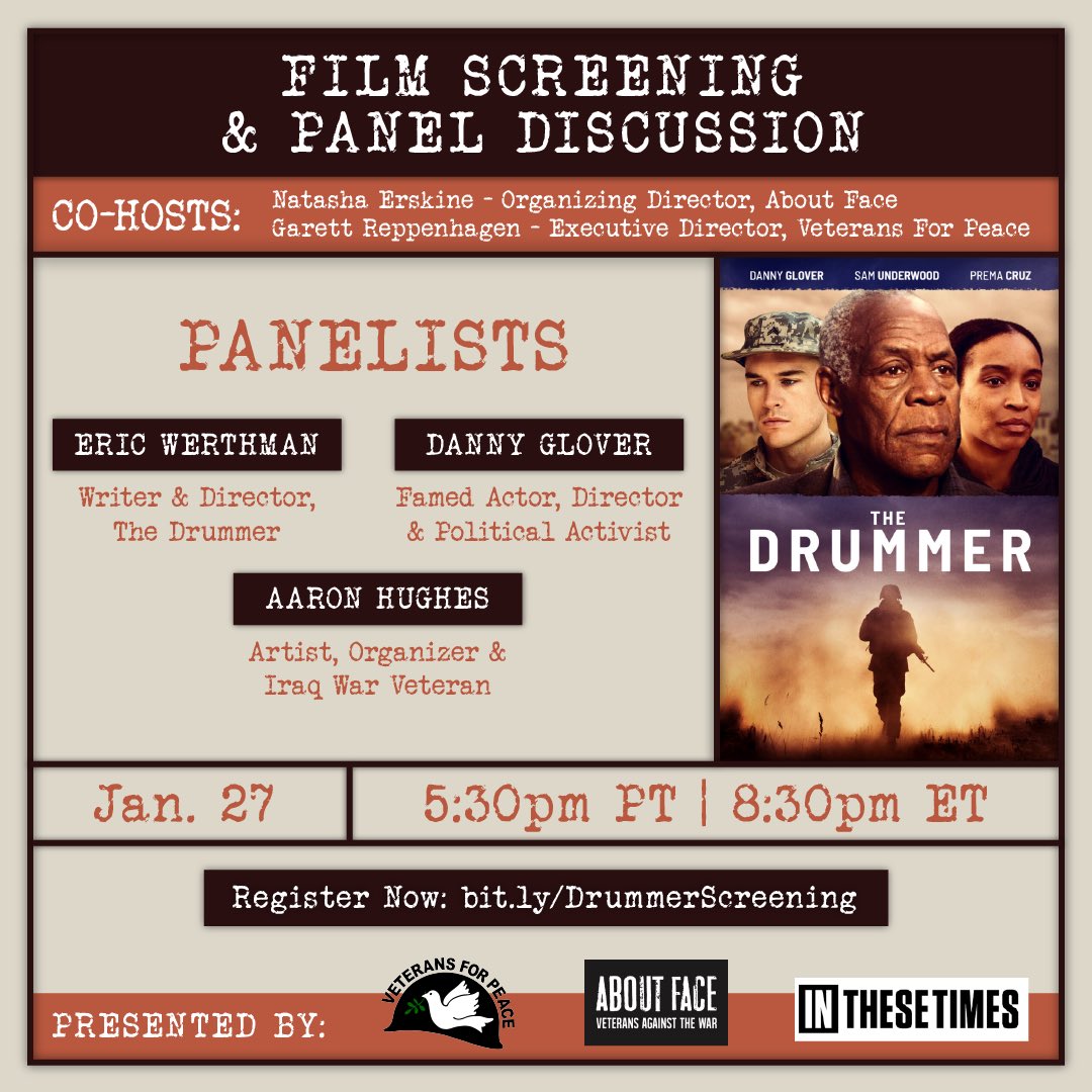 mrdannyglover's tweet photo. Jan 27th 8:30PM EST we’re holding a special screening &amp; panel discussion of THE DRUMMER for Veterans. Cohosted by @VFPNational &amp; @VetsAboutFace RSVP: https://t.co/NqOKUwO9vn https://t.co/hqPu0KHZqU