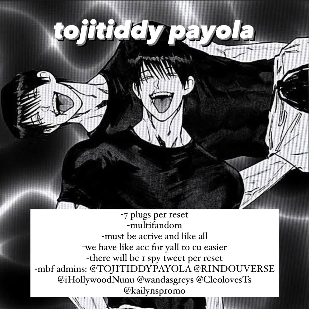 TOJITIDDY PAYOLA IS NOW RECRUITING 

⁃7 plugs
-40+ likes GUARANTEED 
⁃multifandom
-we have like acc for yall to cu easier
⁃there will be 1 spy tweet 
⁃mbf admins: <a href="/TOJITIDDYPAYOLA/">TOJI LIKES</a> <a href="/RINDOUVERSE/">kiyoko ✩</a> <a href="/iHollywoodNunu/">DWHAP ⁉️ NUNU</a> <a href="/wandasgreys/">sof | sad era</a> <a href="/CleolovesTs/">cleo🧣</a> <a href="/kailynspromo/">kay kay (on vacay)</a>

RT and reply to join