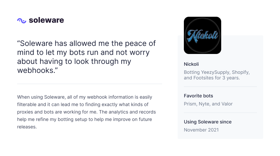 Soleware has helped @xxNickoli keep track of his webhook records. 🗒️ More stories: soleware.io/customers