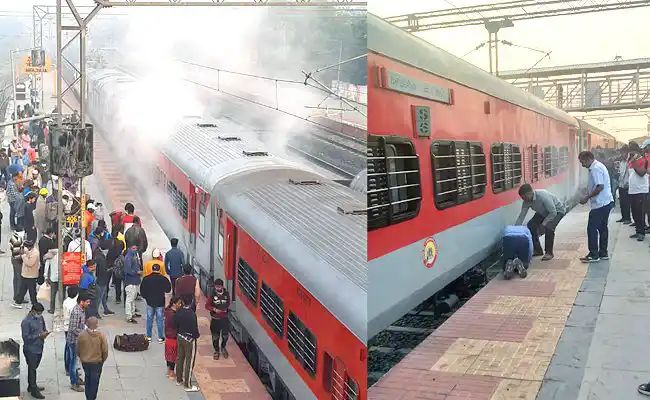 TOIVizagNews's tweet photo. Panic broke out among passnegers of #APExpress train from #Vizag to New Delhi on seeing smoke in all compartments. The train was stopped at #Nekkonda station in #Warangal district of Telangana. https://t.co/FQY00e6v3Z