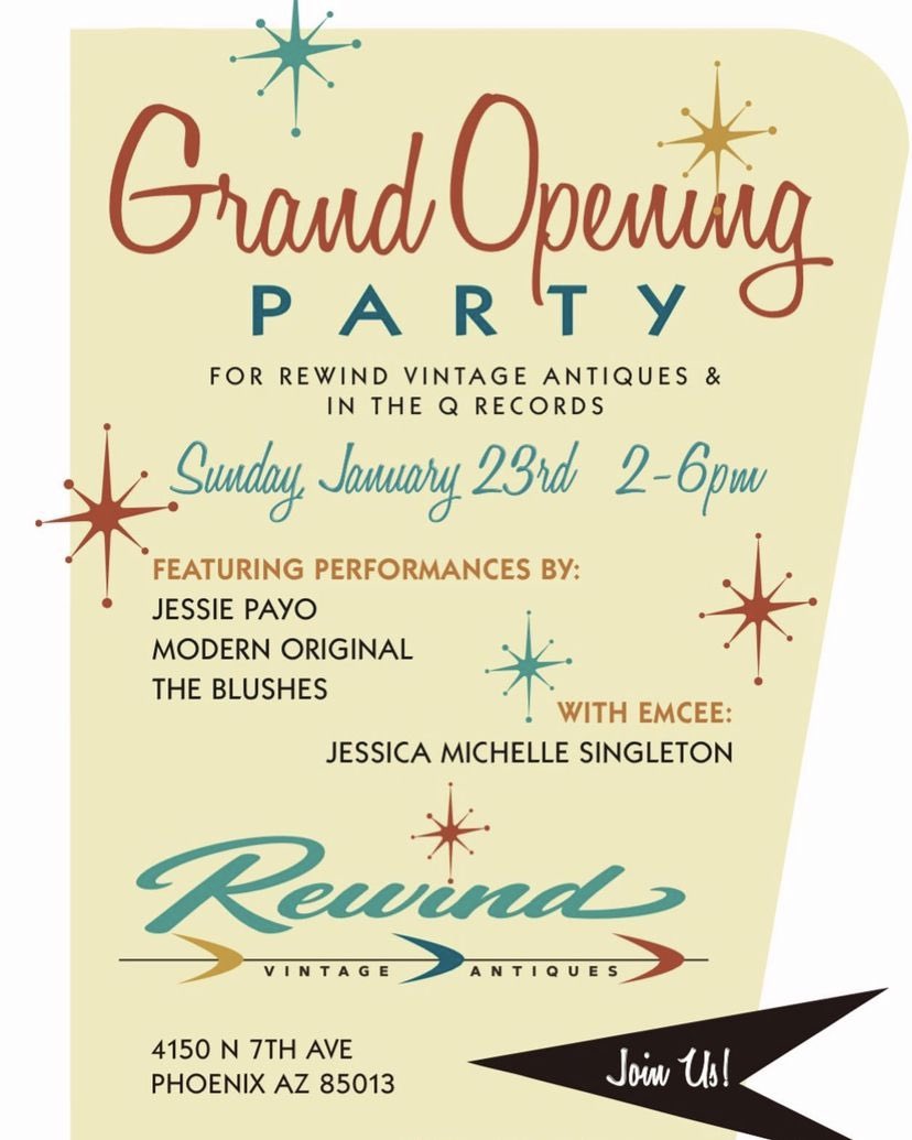 KatieJayneEarl's tweet photo. PHoeNiX! My new band @TheBlushes opening for @jessiepayo &amp; @m0dern0riginal THIS SUNDAY!hosted by @JMScomedy we’re celebrating the opening of this cool new record/vintage store called Rewind on 7th in the melrose district. Food trucks, good music, great vintage,fun vibes Come hang https://t.co/XpUARy2VUb