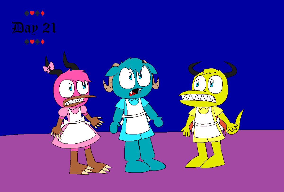 JosieRiki's tweet photo. Day 21 - The Follower, the Greeter and the Waiter are all dressed as Alice and they are lost in Wonderland.

#2022project #AliceInWonderland #123SlaughterMeStreet #TheFollower #TheGreeter #TheWaiter #ALICE #crossover #parody https://t.co/2VEyzIxZUr