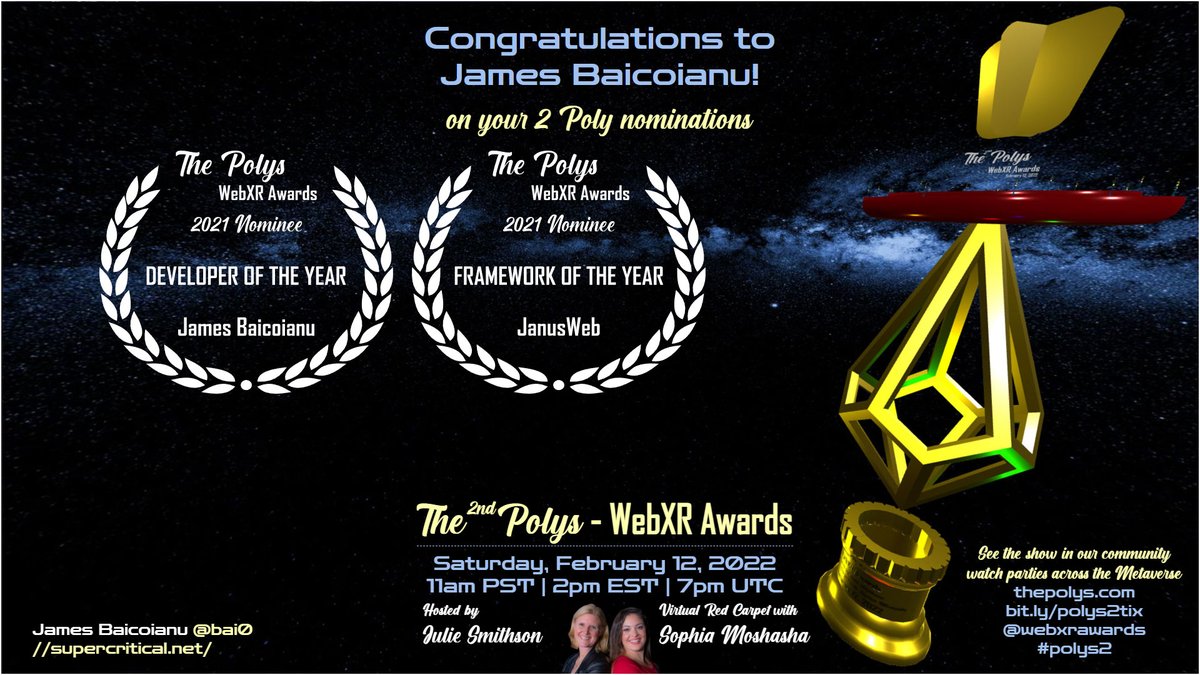 ThePolyAwards's tweet photo. Congrats @bai0 on 2 Poly nominations The 2nd Polys - WebXR Awards with @juliesmithso &amp; @SophiaMosh on 2.12.22 Developer of the Year and Framework of Year for @janusxr #JanusWeb https://t.co/O2NR0B9Lp3 https://t.co/yKdwGE7QLM https://t.co/oFirGeXVWs