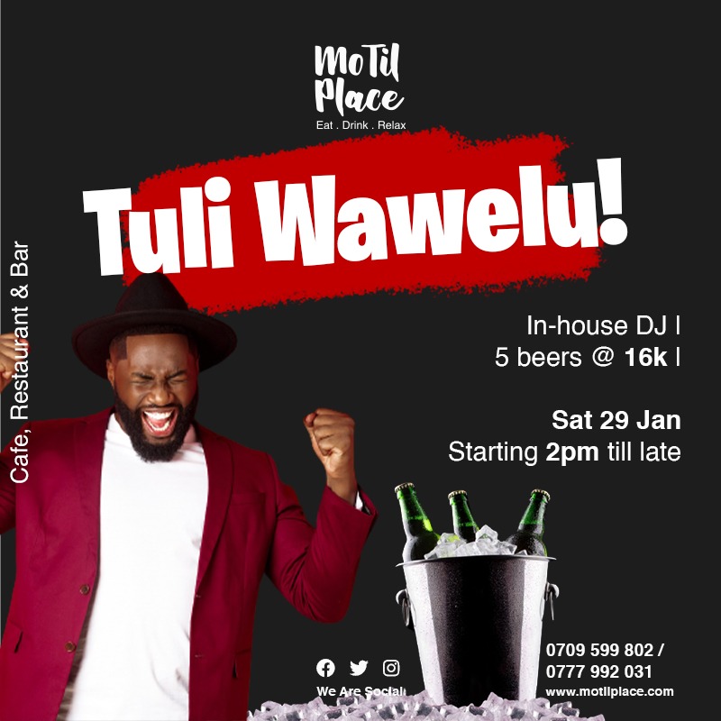 MotilPlace's tweet photo. Join us for the biggest "tuli wawelu" party as we welcome you back to the party life 🥳🎉 A bucket of 5 beers will be at 16k & we have a DJ to keep you on your feet all night long.
Date: Saturday, 29th January, 2022
Time: 2pm
Tell a friend to tell a friend! https://t.co/eKfZCUHYGU