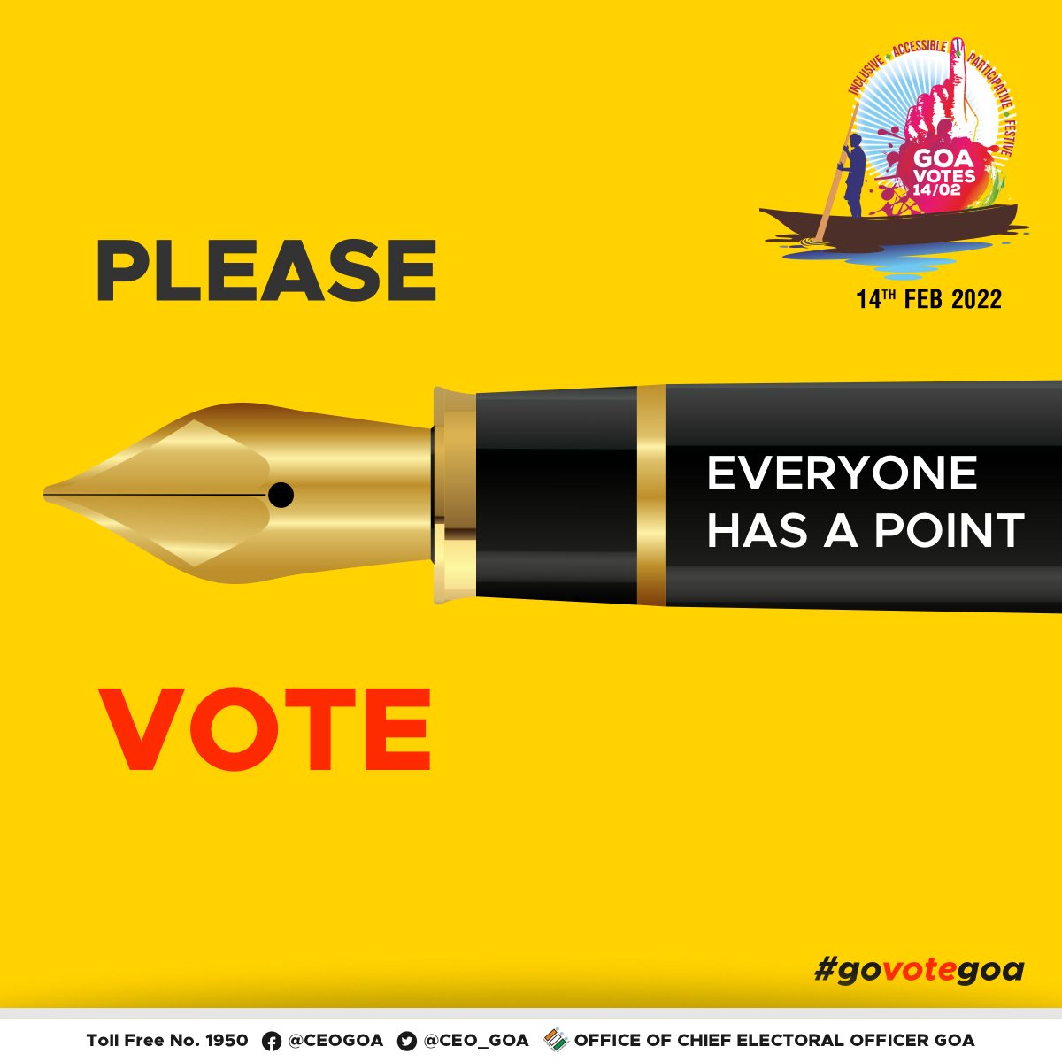 CEO_Goa's tweet photo. Your vote matters. Your voice matters. So use your constitutional right to vote for the upcoming elections on 14th Feb 2022. Get ready to vote, Goa!
#GoVoteGoa #Goareadytovote #GoaElections2022 #Elections2022 #Goa #india https://t.co/4ykiS428Ya