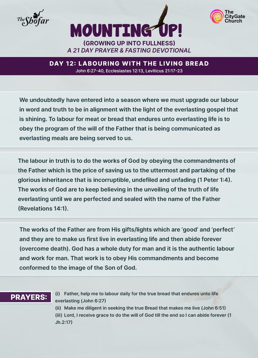 dcitygatechurch's tweet photo. 21 Days Prayer & Fasting Devotional
DAY 12: LABOURING WITH THE LIVING BREAD
Watch the video:
https://t.co/MC4N6YeqaV
or
https://t.co/VuuMnUt5X4
#MountingUp
#GrowingupintoFullnes
#PrayerandFasting #Devotional https://t.co/UovctDpayx