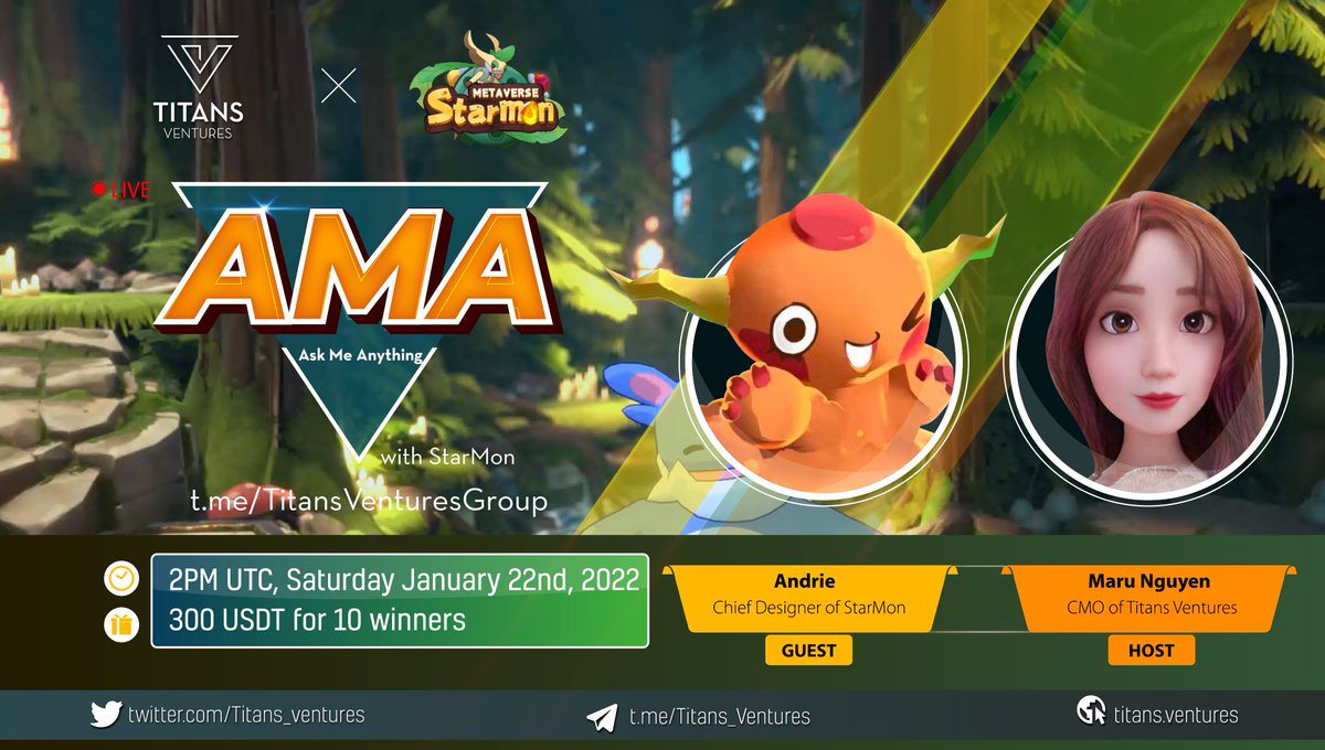 📣 Titans Ventures is thrilled to host the next #AMA with StarMon Metaverse 💫

🎁Airdrop: 300$ for 10 winners
🧭Time: 2PM UTC, Saturday January 22nd, 2022
🏛Venue: t.me/TitansVentures…

📌 Follow <a href="/Titans_ventures/">Titans Ventures</a> &amp; @StarMonGame 

Like, Retweet &amp; Raise your questions here 👇
