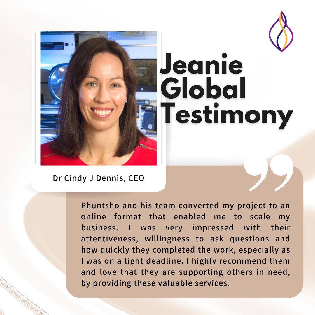 ABVentures_Bht's tweet photo. I highly recommend them and love that they are supporting others in need, by providing these valuable services”
Dr Cindy J Dennis, CEO Jeanie Global.
@JeaniePtyLtd

#JeanieGlobal #business #testimonial #satisfactionclients #vaservices #project #ceo #work #love #team https://t.co/ClYoHy3ZOO