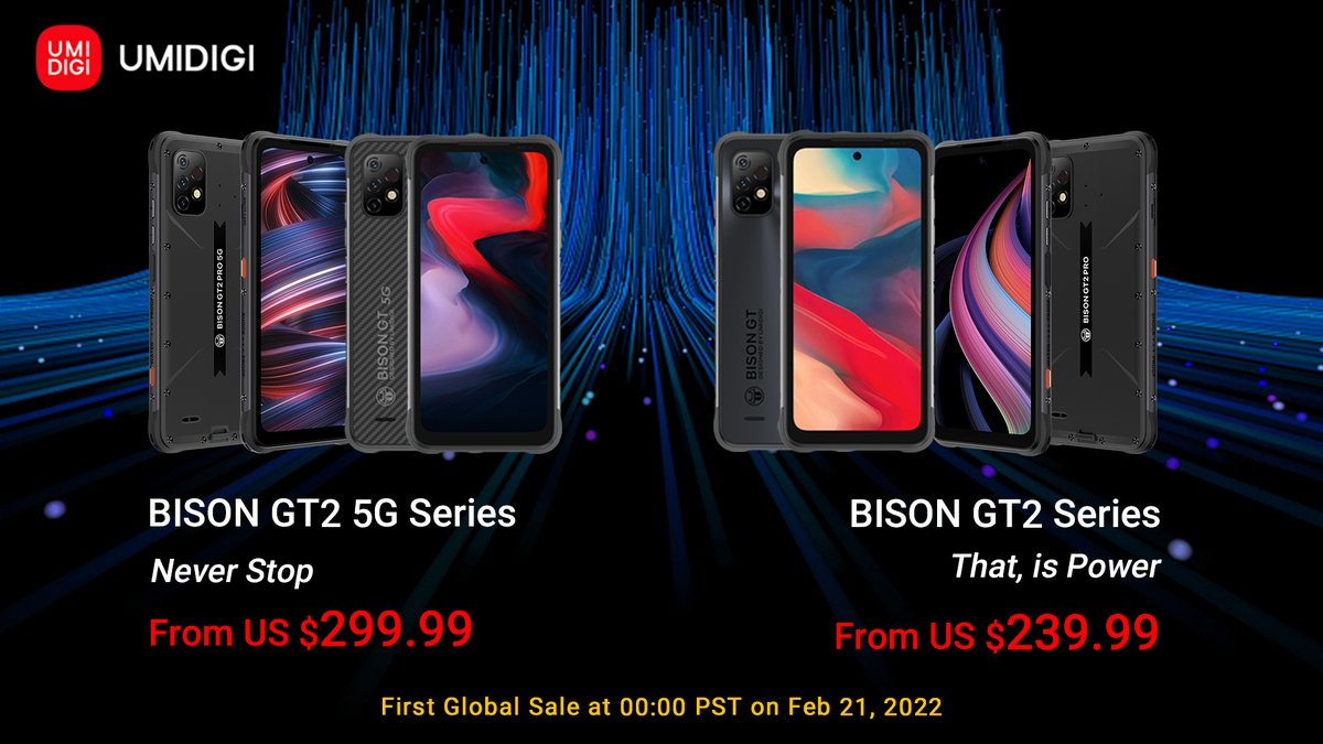 Introducing #UmidigiBISONGT2 &amp; #UmidigiBISONGT2 5G series, our newest rugged beast and our first 5G rugged flagship!
Global sale at 00:00 PST on Feb 21.
Add GT2 5G series to cart🛒 alii.pub/67re1u
GT2 series🛒 alii.pub/67reir
Giveaway🎁 bit.ly/GiftBISONGT2PR…