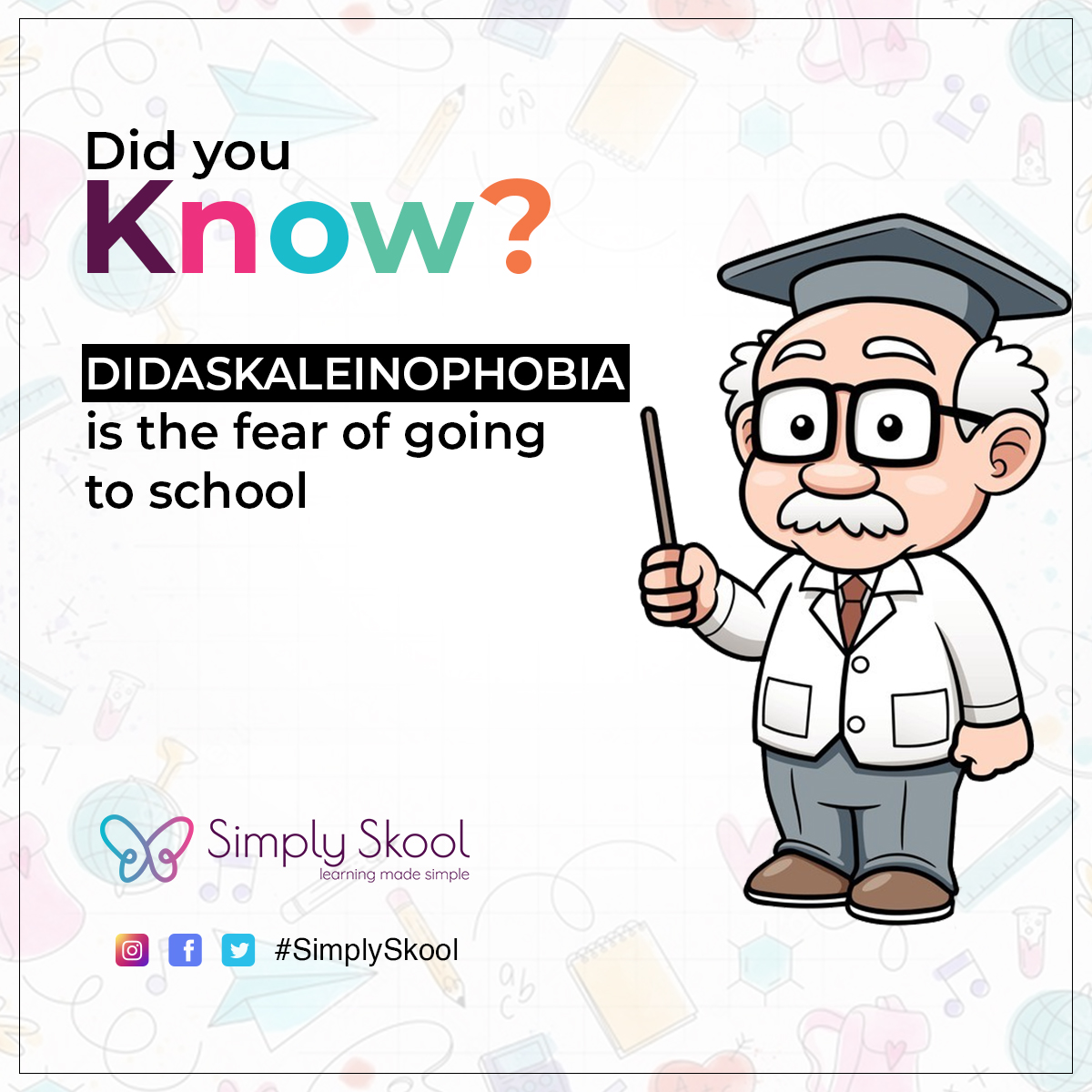SimplySkool's tweet photo. Did You Know? There is a word to describe that fear of going to School. Funny isn't it, the Name!  #DidYouKnow #fear #school #learning #schoollife #SimplySkool #edtech #LearningMadeSimple https://t.co/WVxOMwGHjL
