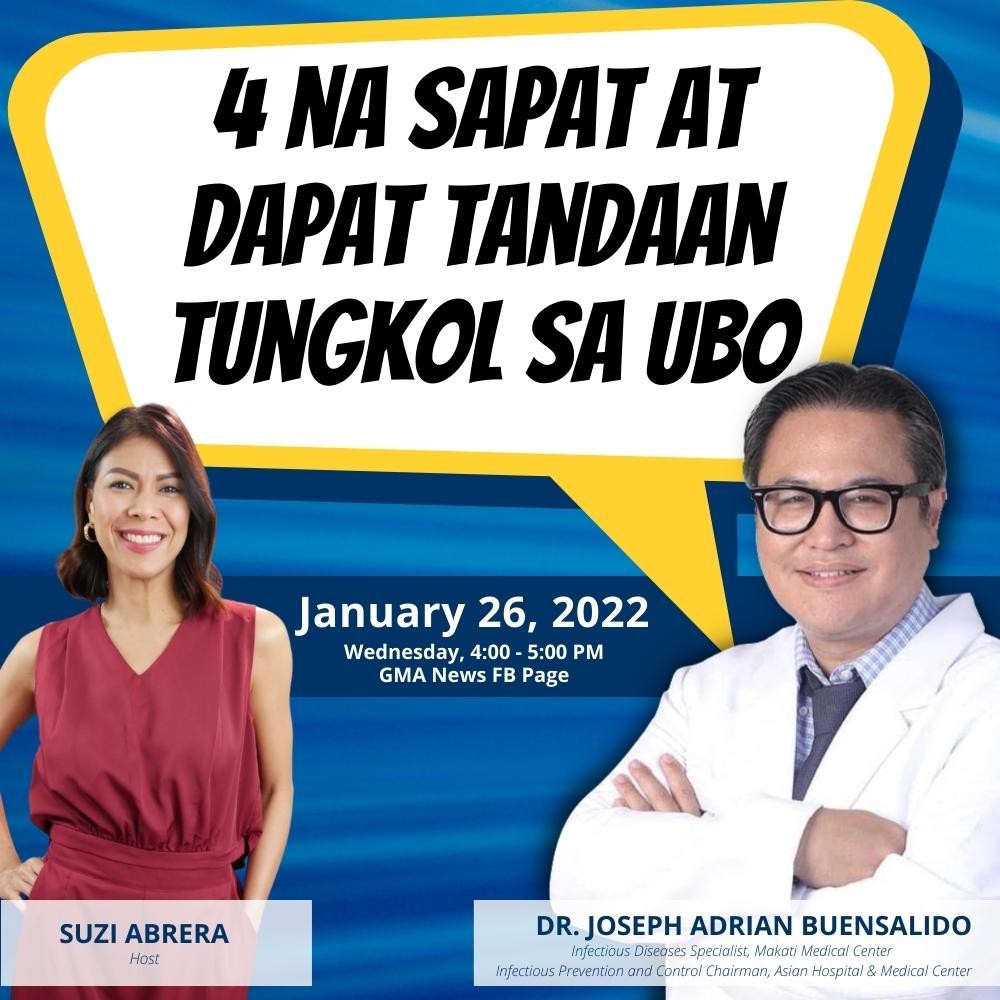GMABrandTalk's tweet photo. Paano ba ang tamang paggamot sa ubo?  Panuorin ang diskusyon ni Kapuso Suzi Abrera kasama si Dr. Joseph Adrian Buensalido para sa mga dapat tandaan tungkol sa ubo ngayong January 26, 2022, Miyerkules, 4:00 pm - 5:00 pm sa GMA News Facebook page. [@Solmux_PH] https://t.co/8F5vUtwN4g
