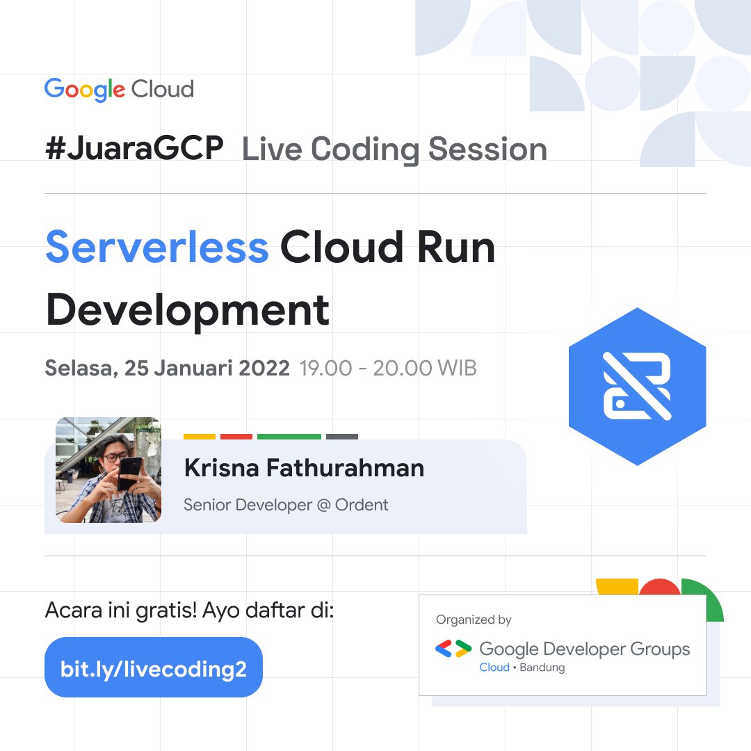 Google for Developers Indonesia (@googledevsid) on Twitter photo Hi Devs!
Buat kamu yang sedang berusaha menyelesaikan quest #JuaraGCP, di hari selasa minggu depan, 25 Januari jam 7-8 malam, <a href="/gdgcloudbandung/">GDG Cloud Bandung</a> akan mengadakan Live Coding Session: Serverless Cloud Run Development bersama <a href="/krsnadjava/">Krisna Fathurahman</a>
Register di 👉🏻 bit.ly/livecoding2 Hi Devs!
Buat kamu yang sedang berusaha menyelesaikan quest #JuaraGCP, di hari selasa minggu depan, 25 Januari jam 7-8 malam, <a href="/gdgcloudbandung/">GDG Cloud Bandung</a> akan mengadakan Live Coding Session: Serverless Cloud Run Development bersama <a href="/krsnadjava/">Krisna Fathurahman</a>
Register di 👉🏻 bit.ly/livecoding2