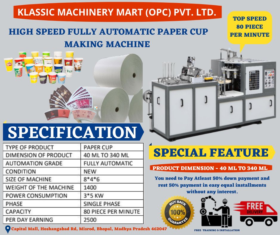KlassicMachines's tweet photo. High Speed Fully Automatic Paper Cup Making Machine 
-----
Top Seed 80 Piece Per Minute (Product Dimension - 40 ML TO 340 ML)
-----
For more information contact now: +91 6232010335/ 8826215091
@IndiaMART
@tradeindia 

#papercupmachine #machinery #paper #machine #highspeed https://t.co/NKTfCmVnsP