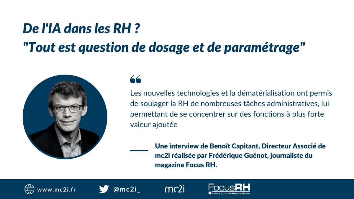 #rh : De l'IA dans les RH ? Selon <a href="/B_Capitant/">Benoît Capitant</a> , Directeur Associé chez mc2i, "Tout est question de dosage et de paramétrage".
💡 Découvrez l'interview faites par <a href="/f_guenot/">Frédérique Guénot</a>, journaliste de <a href="/focusrh/">focusrh</a>.
focusrh.com/logiciels-rh/e…
#iA #ressourceshumaines