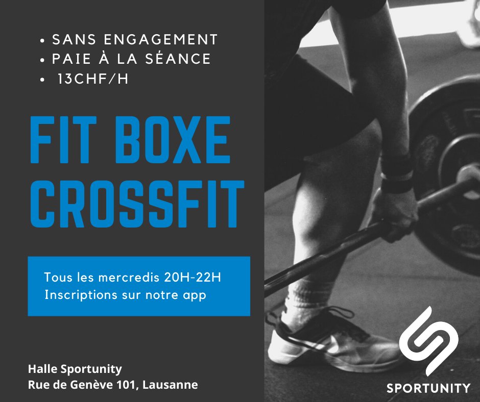 🔥 Deux nouveaux cours dispos
🥊 FIT BOXE &amp; CROSSFIT, 13CHF/h
📣 A partir du mercredi 2 février
📍 Halle Sportunity - Rue de Genève 101 à Lausanne
💪 Inscriptions &amp; détails sur l'app