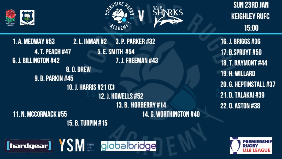 YorksRugbyAcad's tweet photo. ❗️Team Announcement ❗️

We are at home this SUNDAY at @KeighleyRUFC, 3pm Kick off

Head coach @GillyTRugby has picked his side to take on @SaleSharksAcad 

Entry is free #weleavebetter https://t.co/2NHLKca3T2