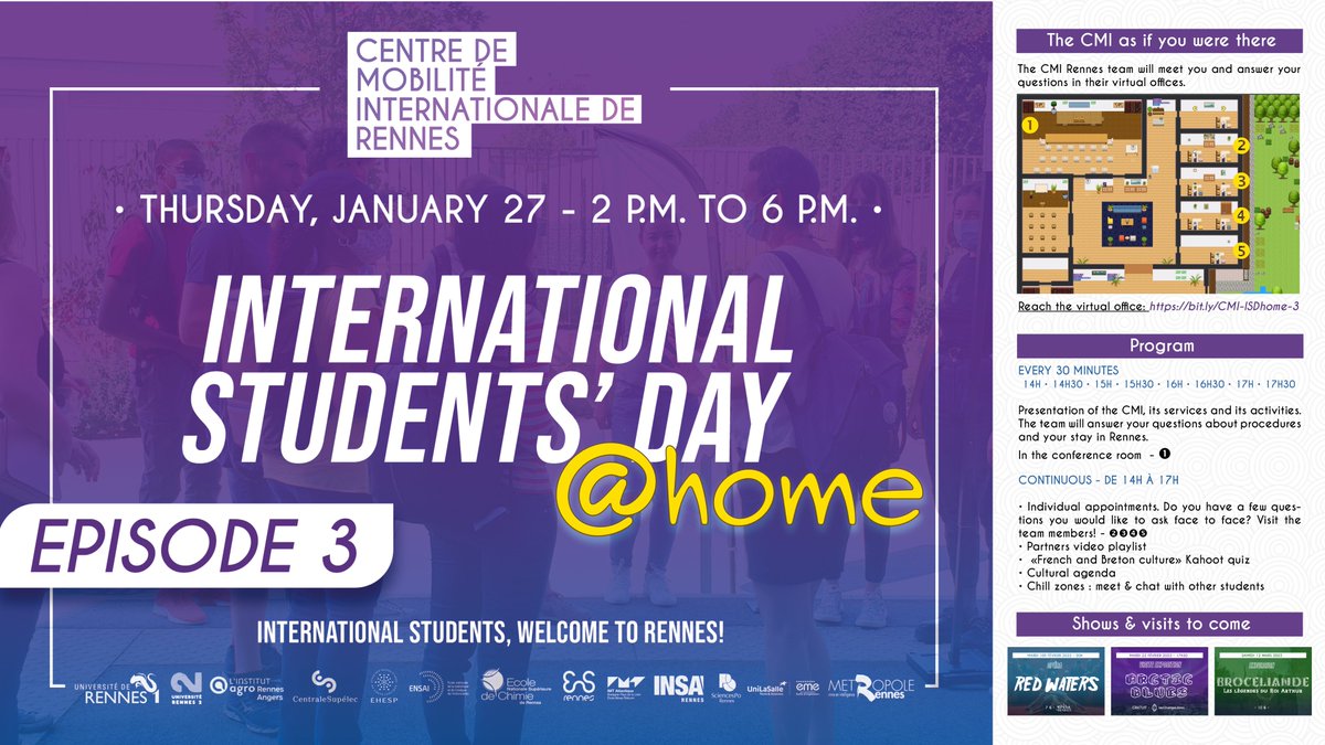 CMIRennes's tweet photo. [ISD@home #3]

It's back again! 
The CMI Rennes invites new international students, PhD students &amp; researchers to its virtual welcome event. 
🗓️January 27: 2PM to 6PM
📍More info: https://t.co/XeQFYOg5AP https://t.co/JePbhbs0RF