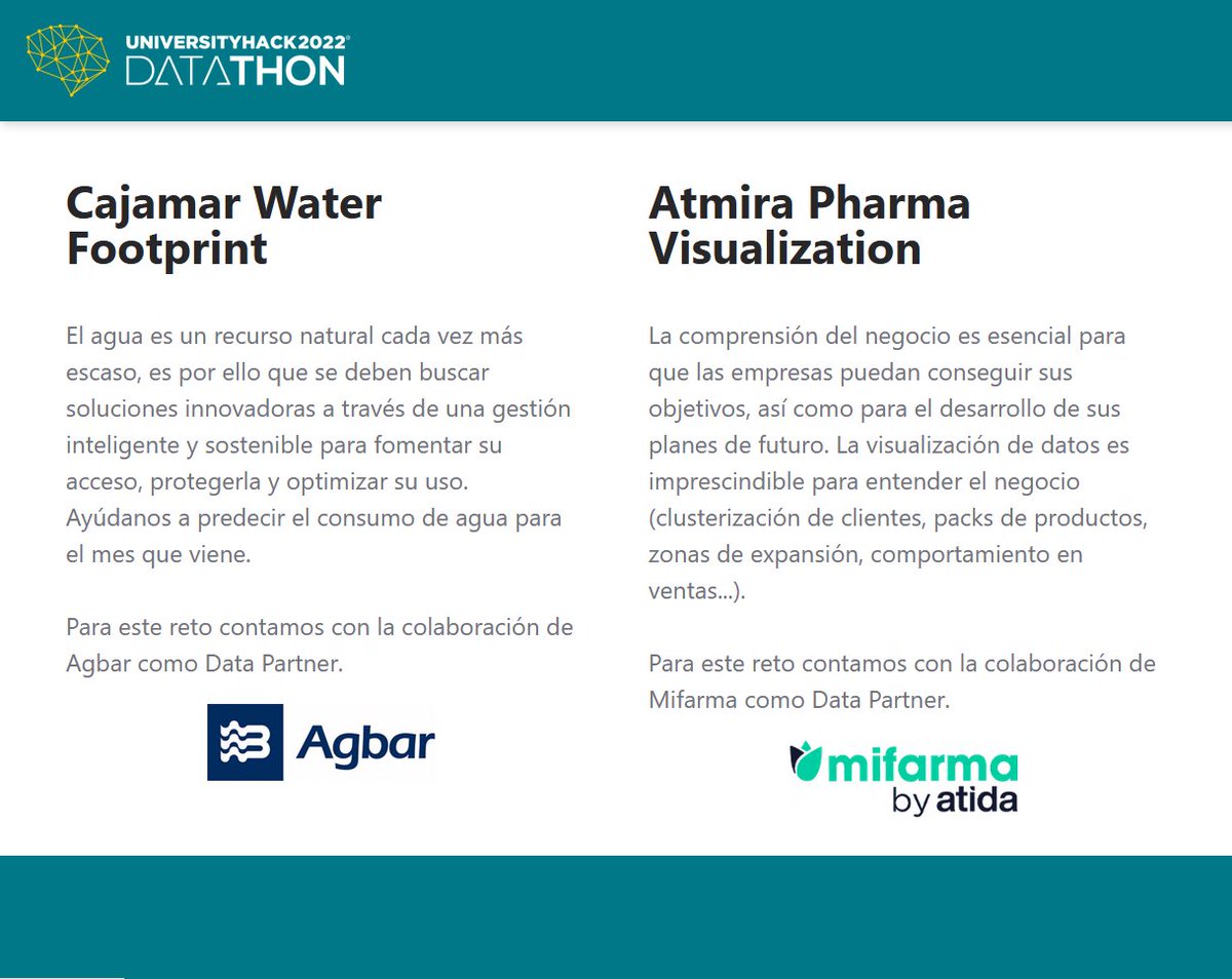 Ya puedes ver el detalle de los retos de la <a href="/Cajamar/">Grupo Cajamar</a> #UniversityHack 2022 en cajamardatalab.com/datathon-cajam… Nuestros Data Partners son <a href="/Agbar/">Agbar</a> y <a href="/MiFarma_es/">Mifarma ES</a> Descubre la sexta edición de la competición de analítica de datos más grande de España. Más de 25.000€ en premios.