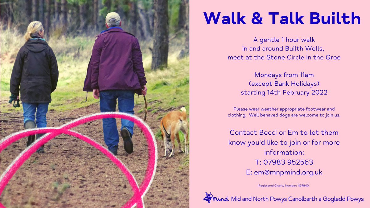New Walk &amp; Talk Group in Builth Wells.  Starting Monday 14th February and every Monday at 11am.  Meet at the Stone Circle in the Groe.
A gentle 1 hour walk, meeting new people. Contact Becci or Em for more information T: 07983 952563 E: em@mnpmind.org.uk