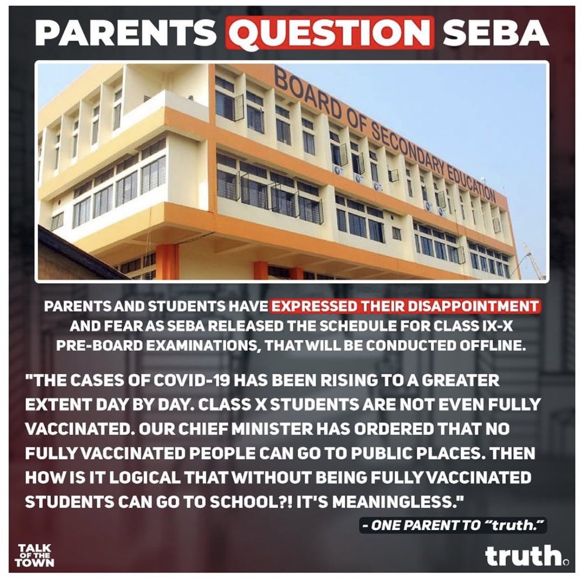 aboyobbhuyan's tweet photo. Few Parents are disappointed with SEBA over holding offline pre-boards amidst COVID-19 peak fear in Assam.

One parent said, “if unvaccinated people are banned from entering public spaces, how can you allow unvaccinated students to appear for the offline tests?” #StopOfflineExams https://t.co/bFO8rSV9LQ