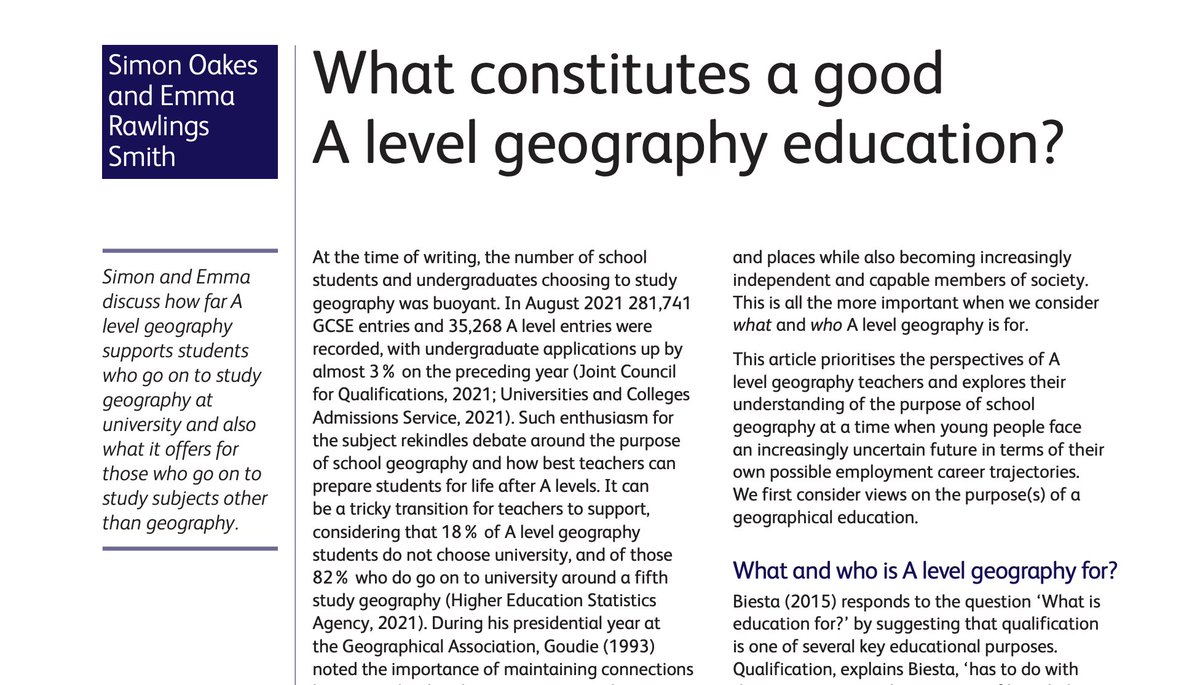 Our think piece in @The_GA #TeachingGeography asks: What constitutes a good A level geography education? Covid-19 has given us the opportunity to reconsider the purpose of our education system. This is an important conversation for these uncertain times. geography.org.uk/journals/teach…