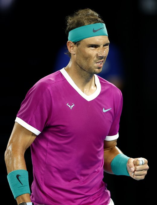 Rafael Nadal of Spain celebrates after winning a point in his third round singles match against Karen Khachanov of Russia during day five of the 2022 Australian Open.