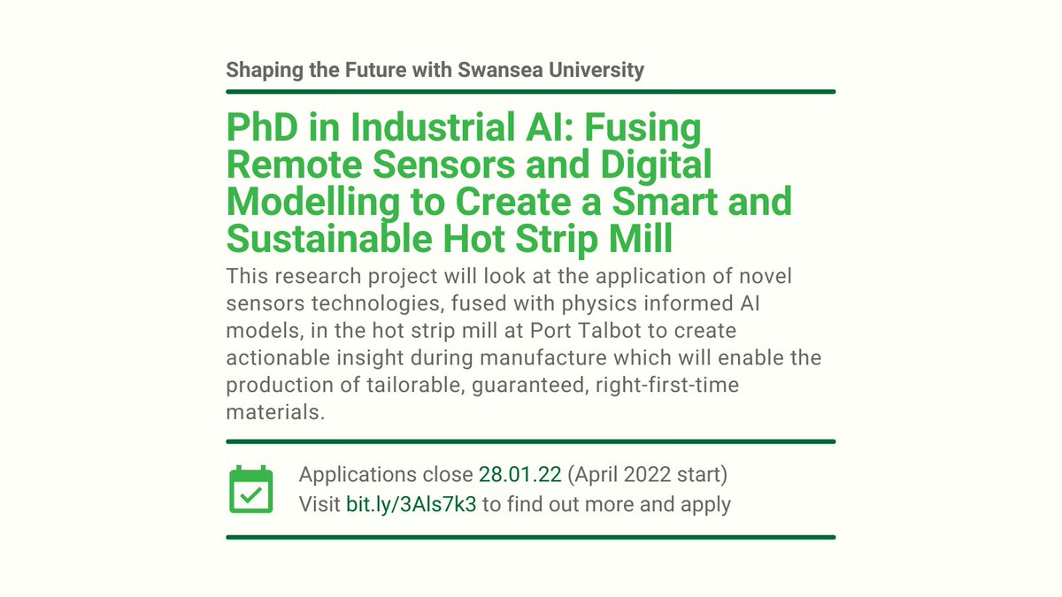 🌳 Fully funded Tata Steel #PhD Scholarship opportunity with Dr Cinzia Giannetti and Prof Cam Pleydell-Pearce (@DrCGPP) in Industrial AI and Material Modelling @SwanseaUni 👨‍💻👩‍💻 📅 Start April 22 🔔 Apply by 28th Jan 22 ▶️ bit.ly/3Als7k3