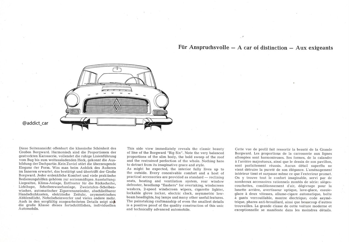 addict_car's tweet image. The final and most ambitious design from German maker, Borgward, was known as the 'Big Six' in English. It was sold in 1960 and 1961, including in the UK: this brochure's cover is stamped by a dealer in Wolverhampton.  Sadly, Borgward went bankrupt in 1961. #carbrochure #Borgward