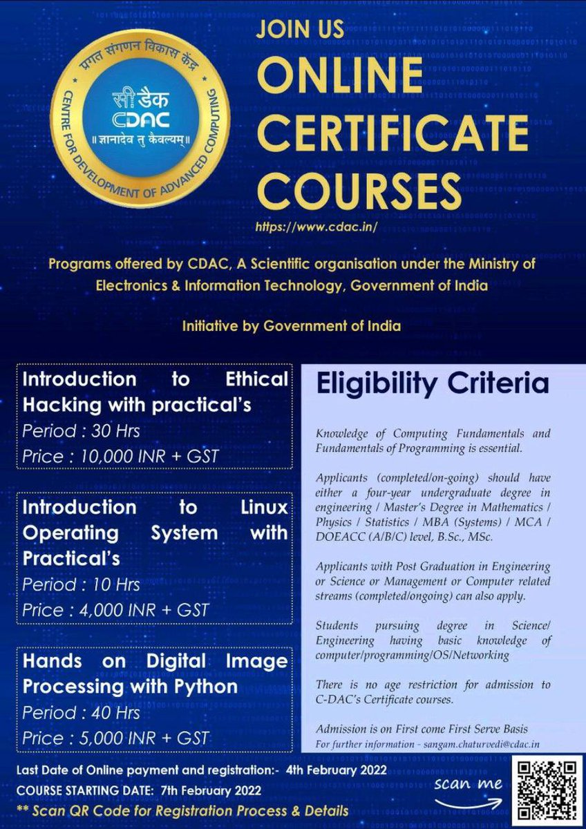 cdacindia's tweet image. Certificate Online Courses  
#CDAC #Ethicalhacking #Python #internship