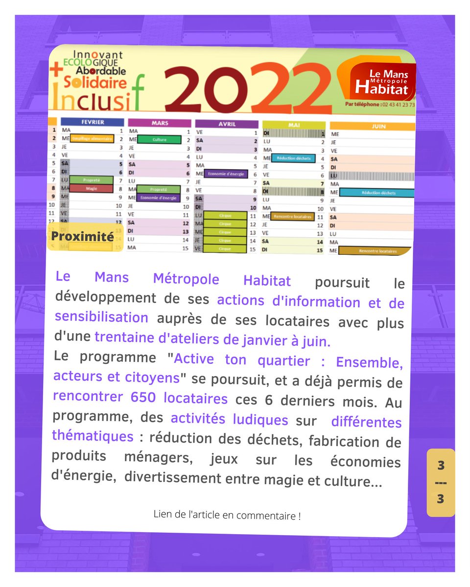🌟 ACTUS DE LA SEMAINE - Chaque semaine, retrouvez les infos qui ont marqué le monde du #LogementSocial ! 
On continue cette semaine avec les actus de :
<a href="/PERL_Immo/">Perl</a>, <a href="/Erilia_Officiel/">Erilia</a>, @nexity et <a href="/HabitatenRegion/">Groupe Habitat en Région</a> ;
<a href="/Bmhabitat/">Brest métropole habitat</a>, <a href="/FCuillandre/">François Cuillandre</a> et @BrestFr ; 
<a href="/LMMHABITAT/">LE MANS METROPOLE HABITAT</a> !