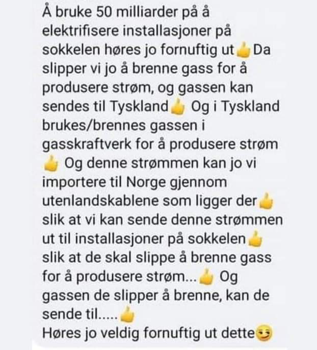 Høres meget fornuftig ut å elektrifisere norsk sokkel <a href="/eivindtraedal/">eivindtraedal</a> <a href="/Partiet/">Miljøpartiet De Grønne (MDG)</a>