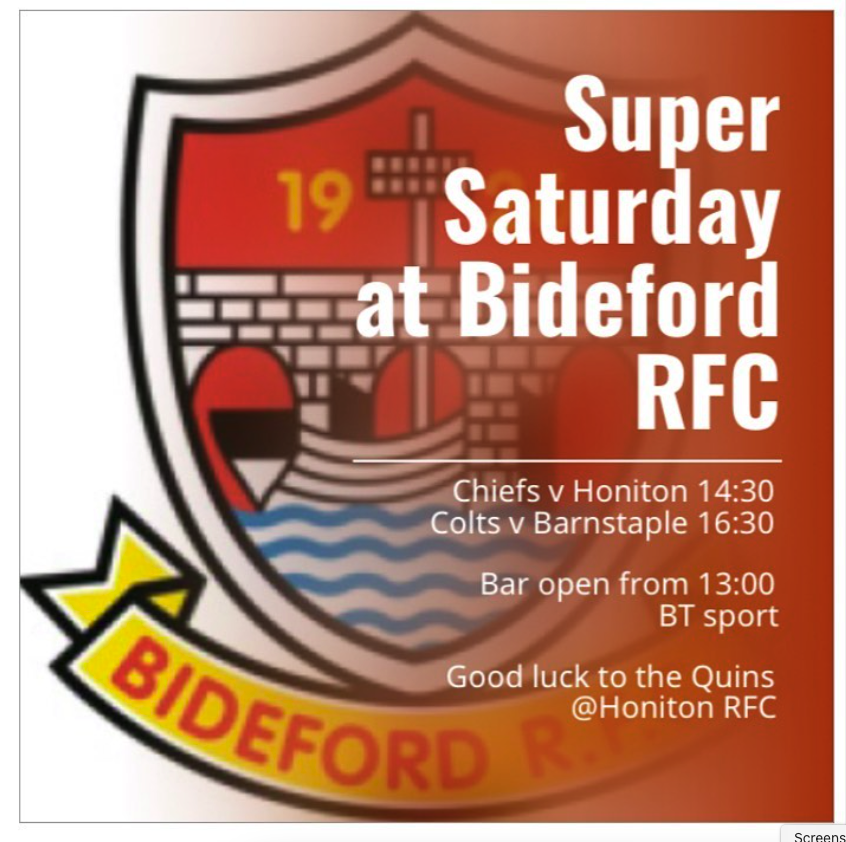 Chiefs look to build on their promising start to 2022 v Honiton - 14:30.
Colts have their local derby straight after v Barnstaple - 16:30.
Quins are on the road after a great 2nd half performance last week - 14:30 @honiton_rfc.
Good luck to all involved
#bideford #bidefordrfc