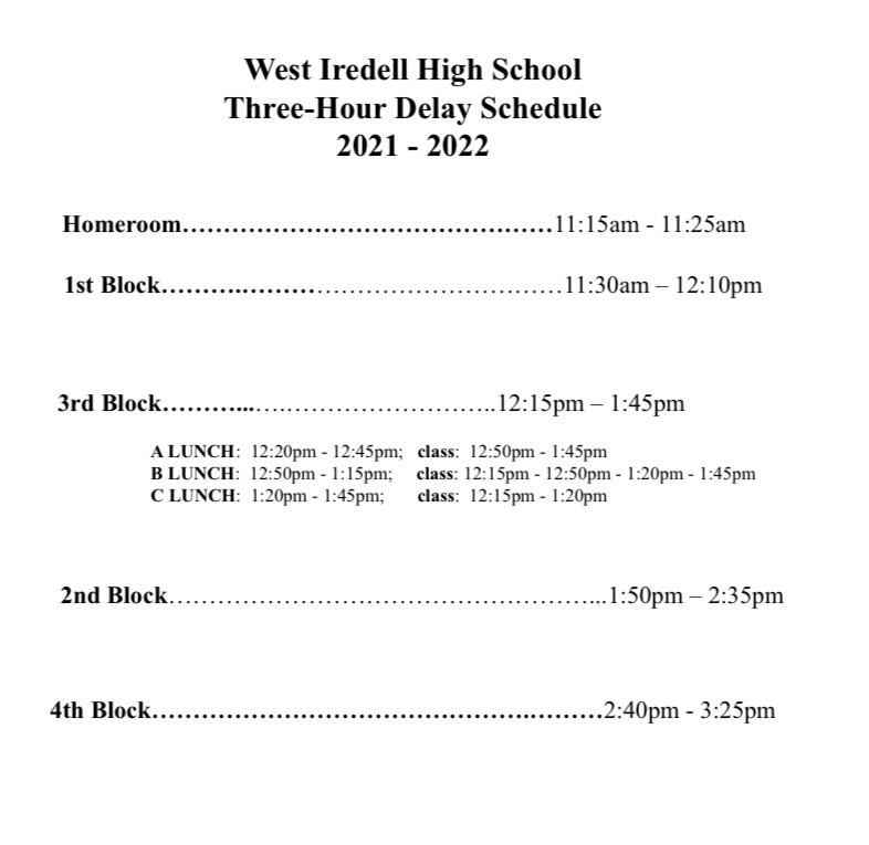 Edit:  We still have a 3 hour delay, but students will join classes virtually—not in person.
