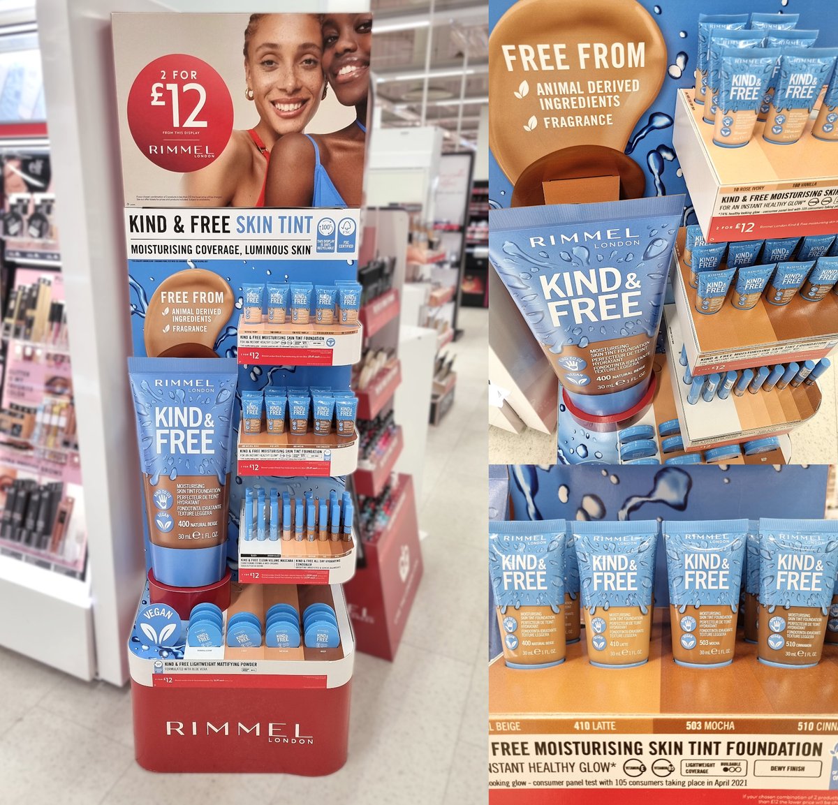 _impactretail's tweet photo. A great retail story for #Veganuary, one of our first card displays of the year presents the launch of the Kind &amp; Free range from @rimmellondonuk. 

We love the gorgeous use of blue to unify the collection, while the nude shades enhance the natural feel of the #retail display. https://t.co/0HQd9sMiE6