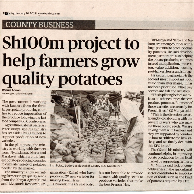 agrimbegu's tweet photo. Good news to potato farmers in Meru, and Elgeyo-Marakwet as the Ministry of Agriculture, Livestock & Fisheries sets aside Sh100million to support the production of new varieties of potatoes.
#AgriMbegu
#SeedProducers
@VictorSiroon @kibrutto @rodgers_kirwa @Cipotato @IFAD @WFP https://t.co/zrFF5VD8Fi