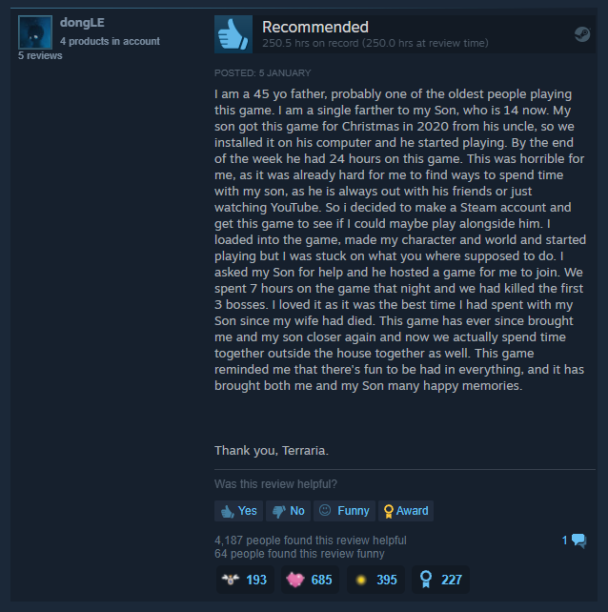 rTerraria's tweet photo. A widowed father reviews Terraria. Made me smile. https://t.co/d7uVoguImk https://t.co/IkKK8MWCfv