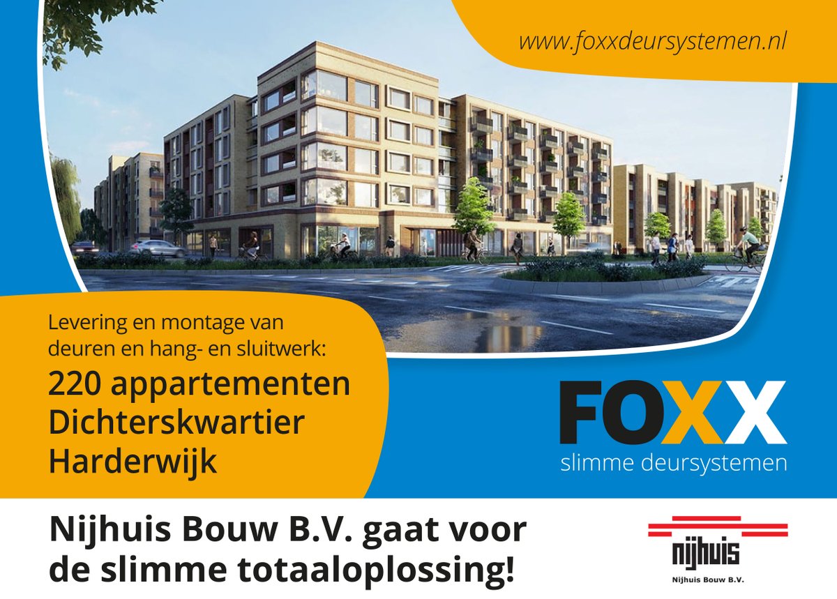 Voor het project: 220 appartementen Dichterskwartier in #harderwijk gaat <a href="/Nijhuis_Bouw/">Nijhuis Bouw B.V.</a> voor de slimste oplossing: de levering en montage van deuren en hang- en sluitwerk via Foxx!
#slim #totaaloplossing #deuren #hangensluitwerk