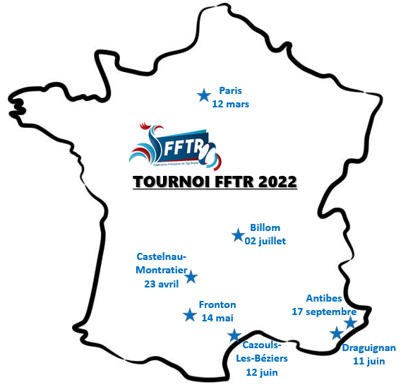 La FFTR vous présente son calendrier de tournois pour 2022   

- 12 mars: #Paris
- 23 avril: #Castelnau-Montratier
- 14 mai: #Fronton
- 11 juin: #Draguignan
- 12 juin: #Cazouls-Lès-Béziers
- 02 juillet: #Billom
- 17 septembre: #Antibes

#tournament #tournoi #oztag #tagrugby #FFTR