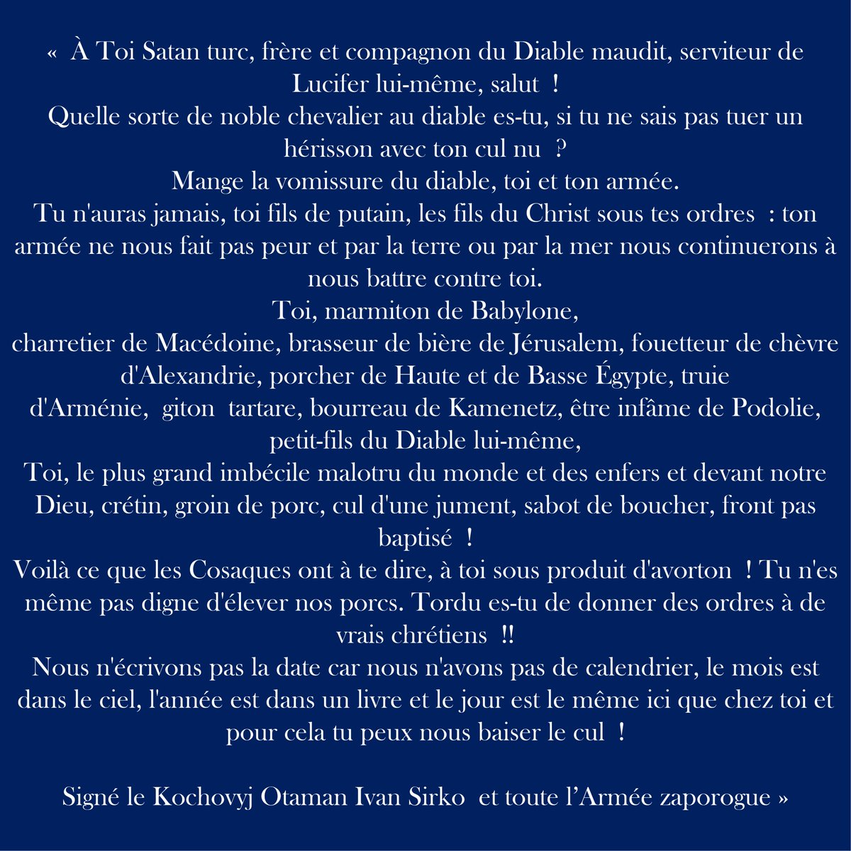 page_alexandre's tweet photo. Les "heureux" titulaires du pass ont pu admirer à Paris cette oeuvre de Répine, une première depuis la mort de l'artiste. Mais cette lettre que les cosaques écrivent au sultan a réellement existé. Son contenu en est connu. Il est à l'image des protagonistes... Coloré disons ! https://t.co/HpUS7HocBW