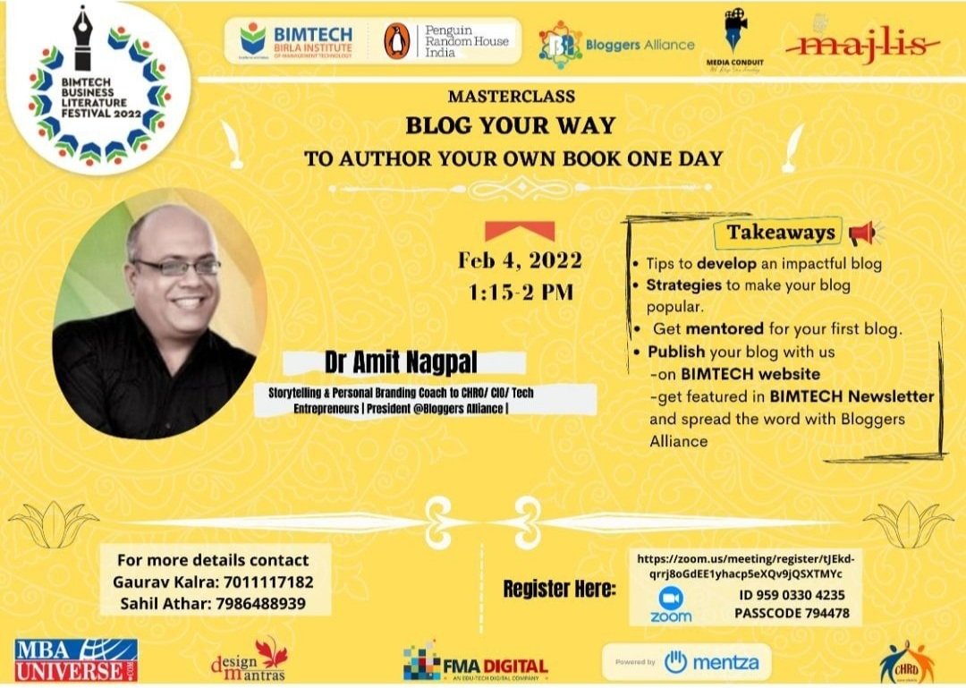 DrAmitInspires's tweet photo. Blog Your Way
- to #SocialGood
- to #Book
- to Fame
- to #Branding as expert
- to Money &amp; #Influencer 
- to Job, by #Networking 
- to #DigitalMarketing career
&amp; last but not the least
- New Friends &amp; #Serendipity 

Because #DigitalIsMagical

Register #D2C
https://t.co/VnoFaBb4MY https://t.co/bB53nJrjTW