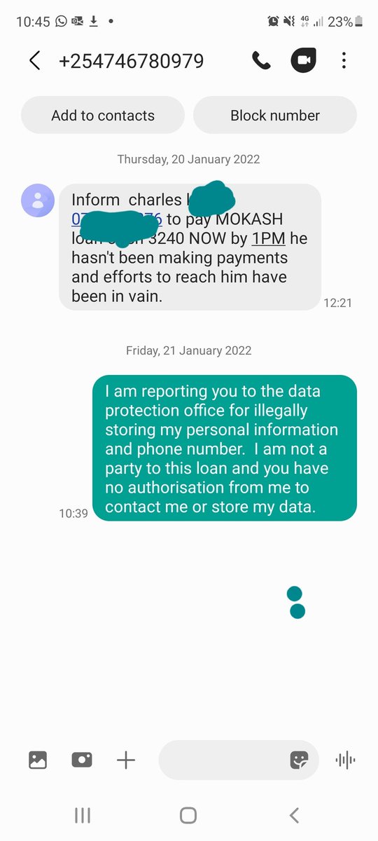 benrobertskenya's tweet photo. Dear Mokash.  
Today you sent me a message regarding a loan that I am not a party or guarantor to and I do not know of.

I've not given you my personal data (phone number) nor permission to store it. You therefore commit an offense under Data Protection Act

@CBKKenya  @ODPC_KE https://t.co/2IdpDIwl8L