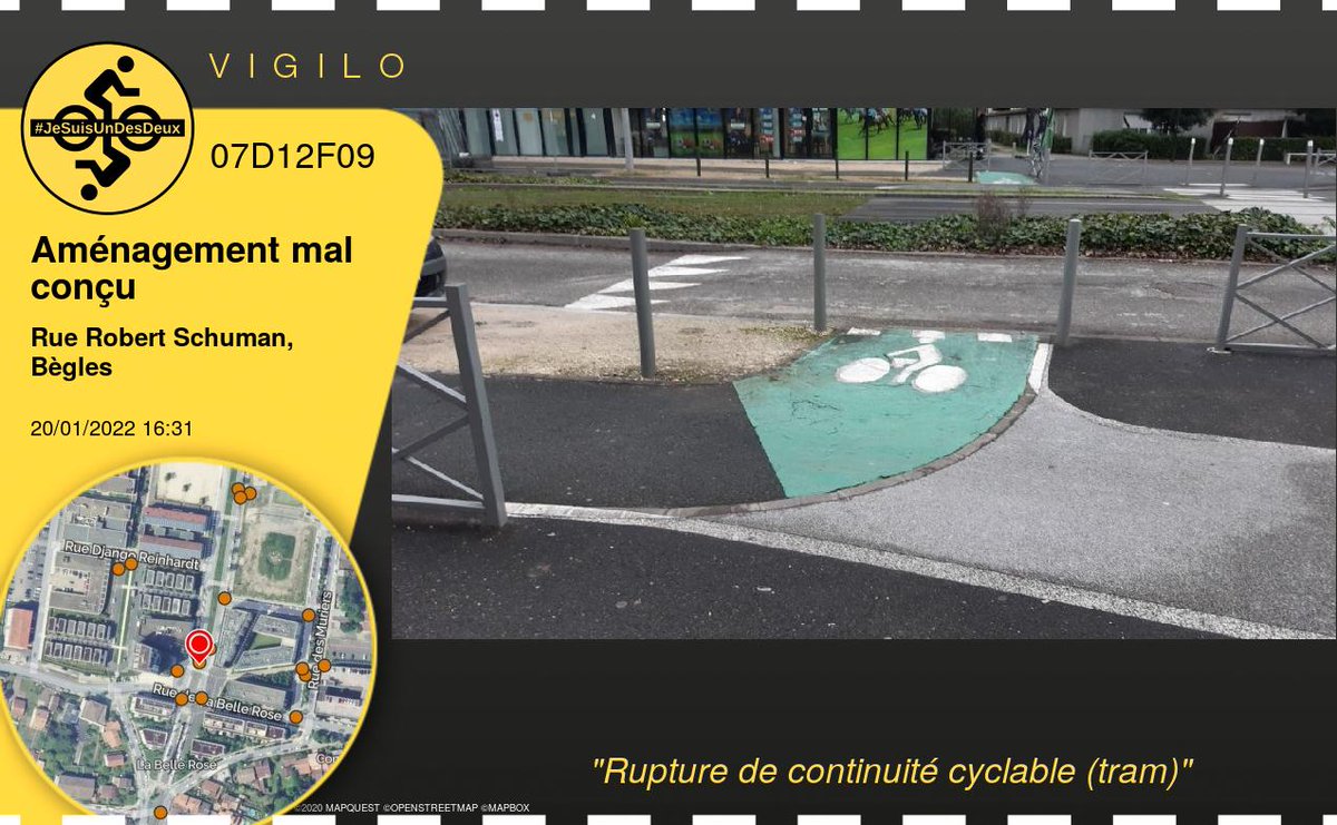 VigiloBordeaux's tweet photo. Et un nouveau signalement sur vigilo : 
Rupture de continuité cyclable (tram) 
https://t.co/jtm7HLPMqE
#Aménagement mal conçu #Bègles @cycles_maniv 
 @BxMetro #jesuisundesdeux https://t.co/oe8dEERz1I