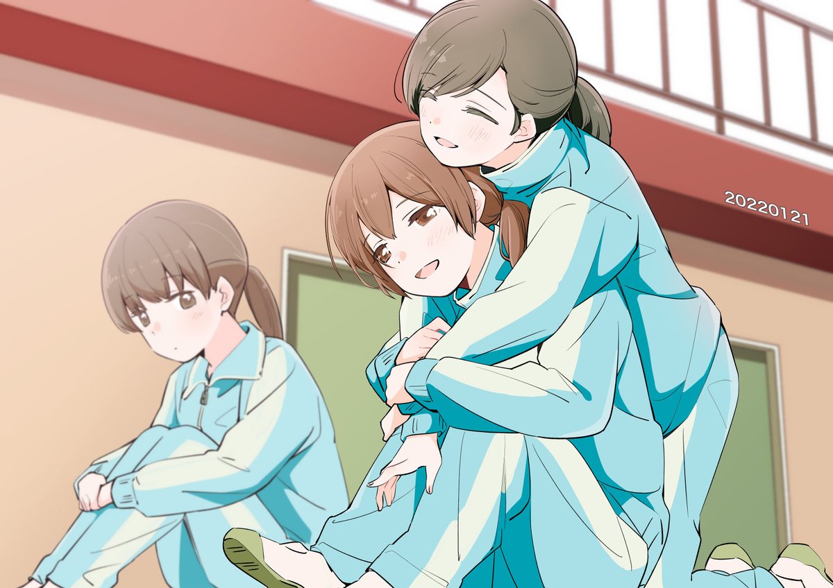 multiple girls 3girls brown hair hug hug from behind ponytail closed eyes  illustration images