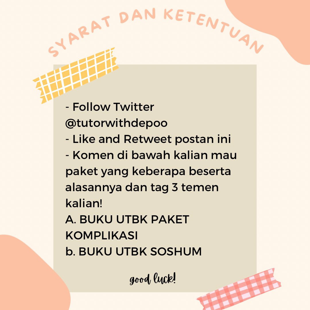 pulbulz's tweet image. Syarat dan Ketentuan:
1. Follow twitter @tutorwithdepoo 
2. Like and Retweet postan ini!
3. Komen di bawah kalian mau paket berapa + alasan + tag 3 temen kalian!

Paket:
a. BUKU UTBK PAKET KOMPLIKASI
b. BUKU UTBK SOSHUM