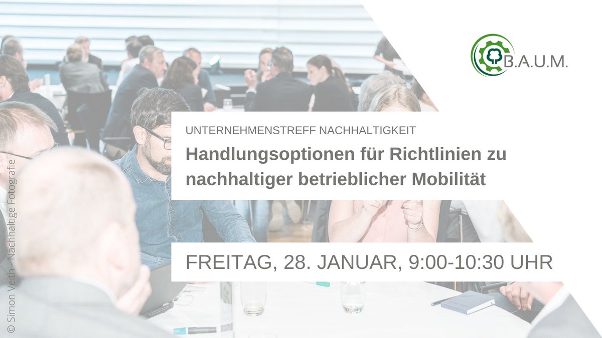 BAUMeV's tweet photo. Der #UnternehmenstreffNachhaltigkeit ist zurĂŒck aus der Winterpause. NĂ€chsten Freitag geben wir Handlungsempfehlungen zu nachhaltigem #MobilitĂ€tsmanagement und diskutieren mit euch Umsetzungsmöglichkeiten.
â¶ïžhttps://t.co/lRQHKlRlti
#Verkehrswende #MobilityPolicy #Fuhrpark |kw https://t.co/k7jEZ803UP