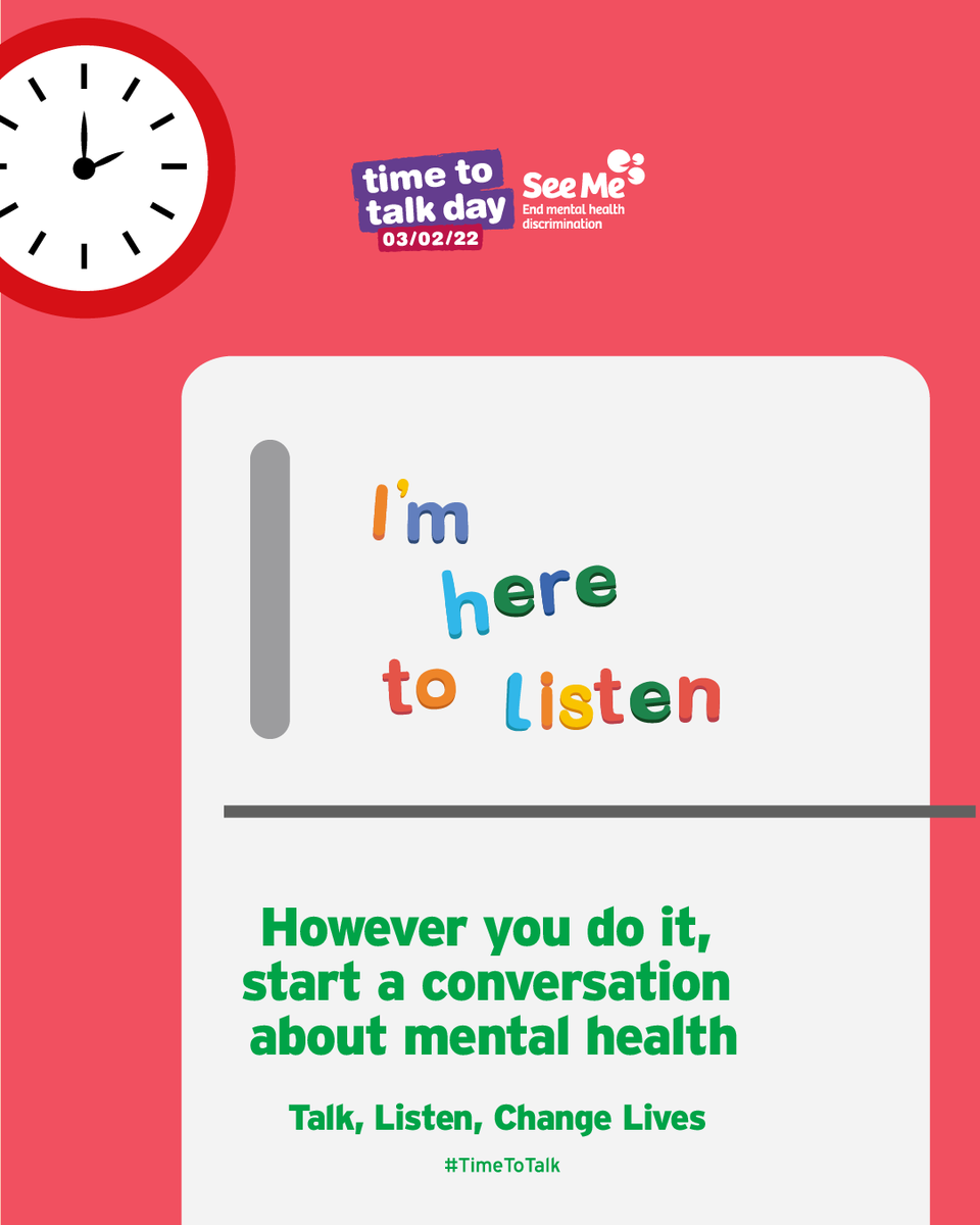 We're only a few weeks away from Time To Talk Day - are you taking part?

To help you take part, our friends at <a href="/seemescotland/">See Me</a> have lots of resources that you can use to start conversations about mental health in person or digitally: bit.ly/TimeToTalk22 #TimeToTalk