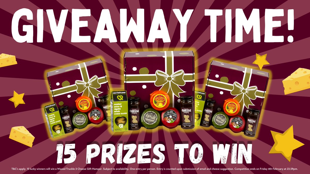 Remember we promised you our BIGGEST GIVEAWAY EVER? 😱

Well here it is! We're giving away 15 Cheese Hampers! 😋

🎉Like and retweet this post, and tag someone you'd share it with 🎉

To enter, tell us what flavour cheese you'd like us to create in 2022: mailchi.mp/029630787c14/j…