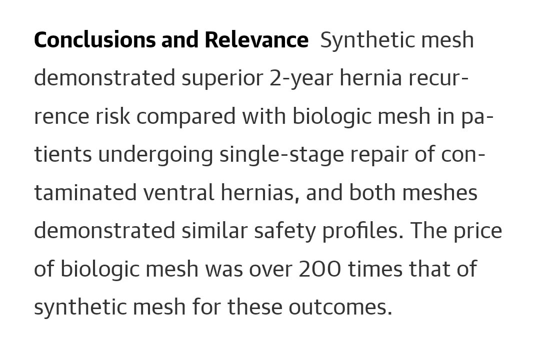 bit.ly/34Z9WF7 Biologic vs synthetic #HerniaMesh for single-stage repair of contaminated ventral hernias: A #RCT.

#CAWR #VHR #IncisionalHernia #HerniaSurgery #Some4Surgery
