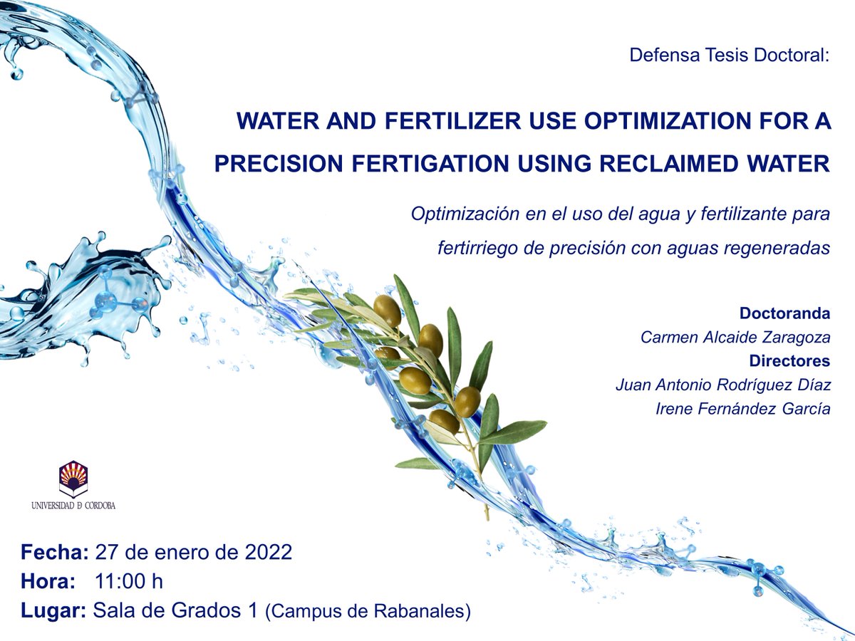 jarodriguezdiaz's tweet image. El próximo jueves 27 de enero presentamos la Tesis Doctoral de @Carmen5179, donde abordamos el manejo sostenible del fertirriego de olivar con aguas regeneradas, resultado del proyecto #Reutivar!!
